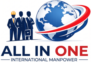 Logo for All In One International Manpower featuring three professional workforce figures, a globe, and dynamic red and blue swooshes representing global staffing services.